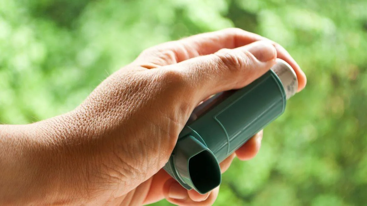 Una mano sostiene un inhalador de dosis medida de color verde azulado con fondo de vegetación borrosa.