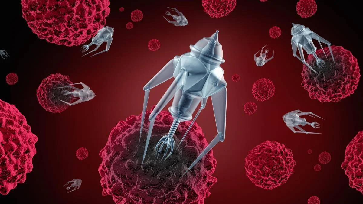 Ilustración 3D de nanorobots metálicos atacando células cancerosas rojas en el torrente sanguíneo.