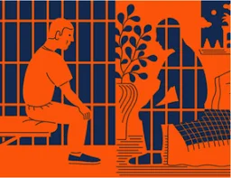 Ilustración de un hombre sentado frente a otro separados por rejas, con una planta en el centro, evocando una visita carcelaria.