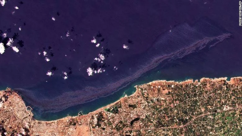 Imagen satelital muestra una mancha de petróleo extensa a lo largo de una costa urbanizada.