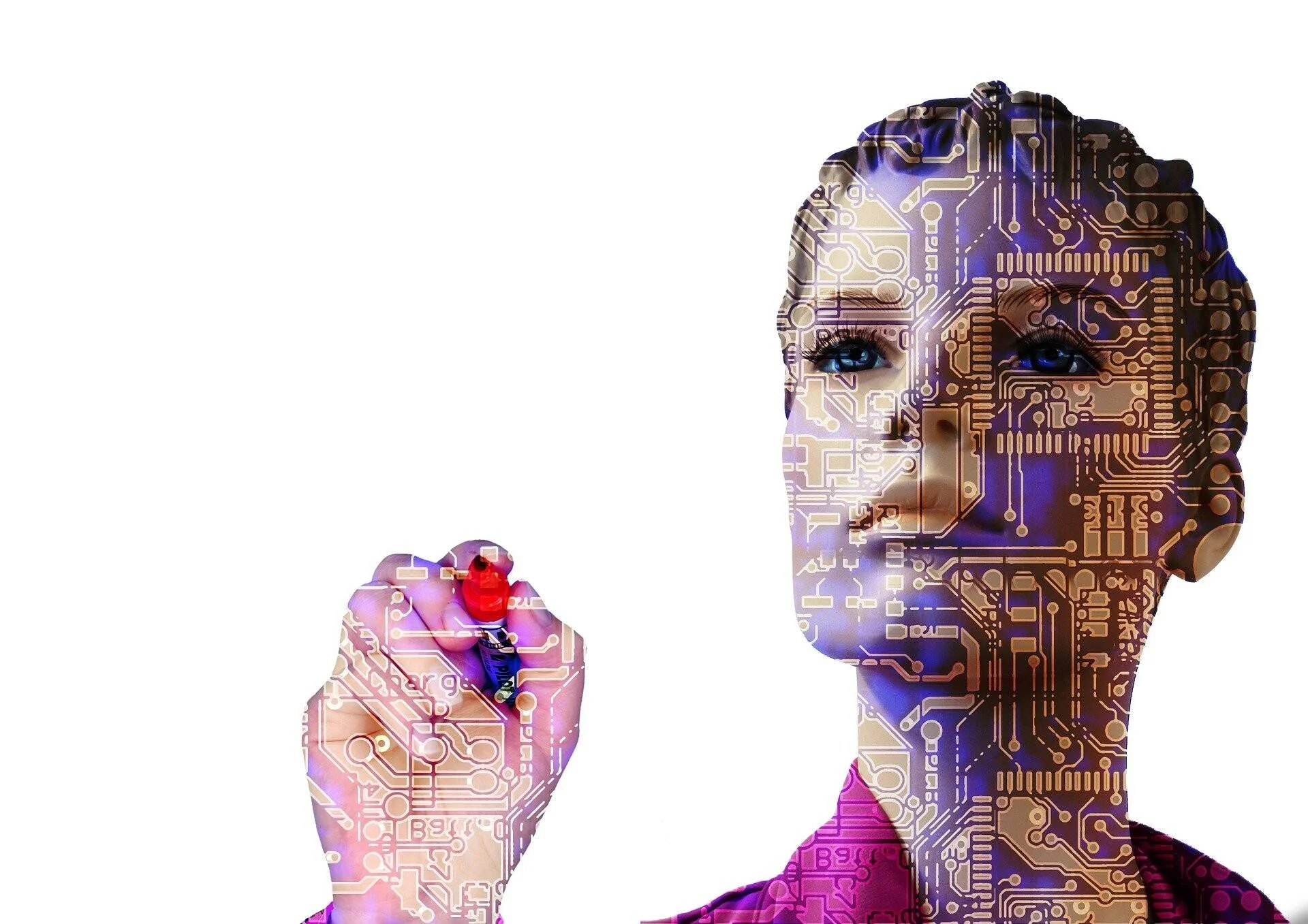 Ilustración conceptual de una figura humana femenina superpuesta con circuitos electrónicos, simbolizando la inteligencia artificial.
