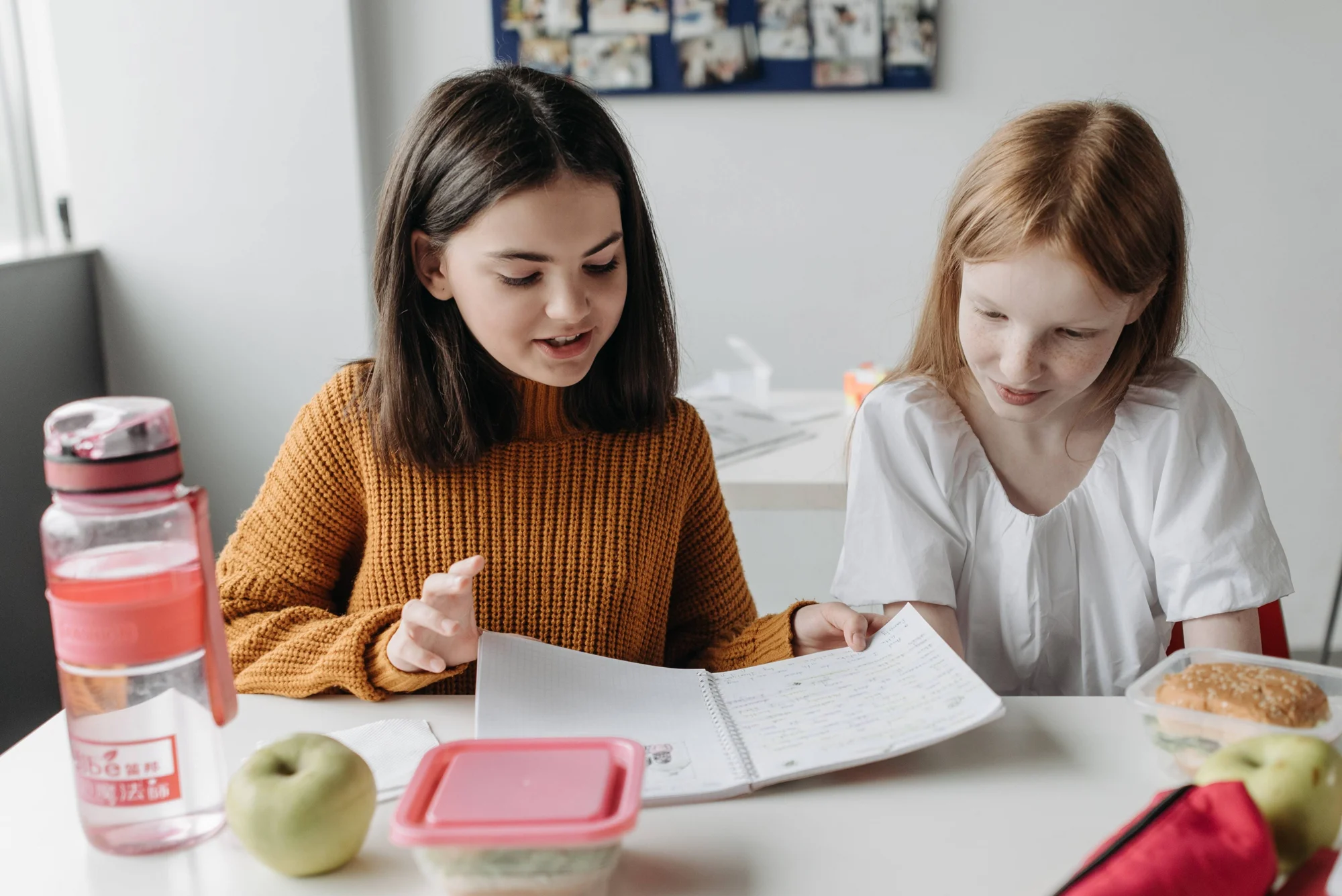 Dos niñas estudian juntas en un escritorio escolar revisando un cuaderno, con una manzana y una botella de agua sobre la mesa.