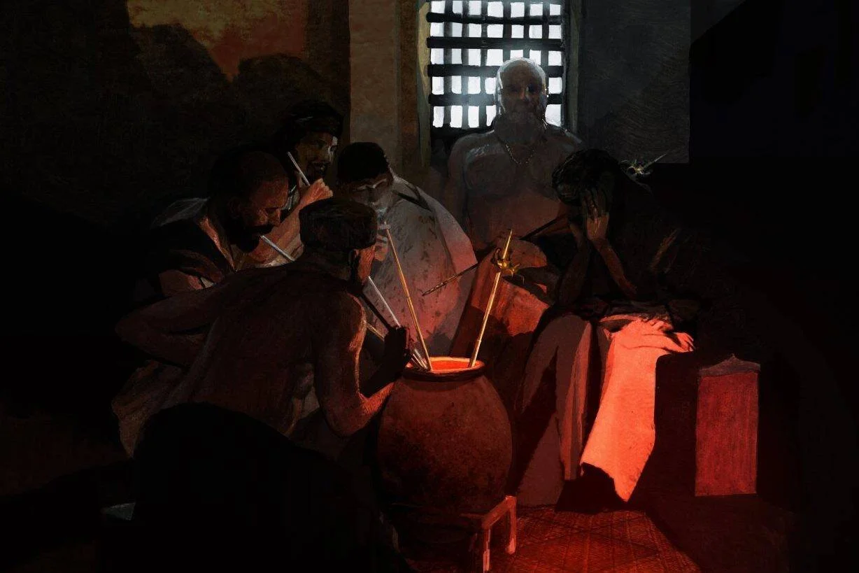 Ilustración de estilo pictórico con varias figuras reunidas en penumbra alrededor de un recipiente con brasas incandescentes.