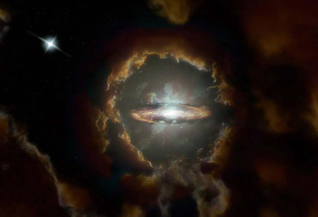 Recreación artística de una galaxia con disco rodeada de nubes de gas y polvo cósmico en el universo temprano.
