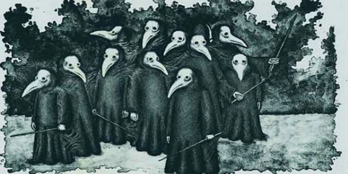 Grabado oscuro con un grupo de figuras encapuchadas portando máscaras de pico de pájaro, atuendo típico de los médicos de la peste medieval.