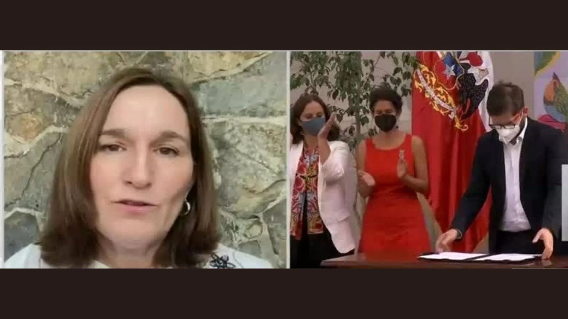 Pantalla dividida: mujer hablando por videollamada a la izquierda y tres personas con mascarilla en acto oficial ante bandera de Chile a la derecha.
