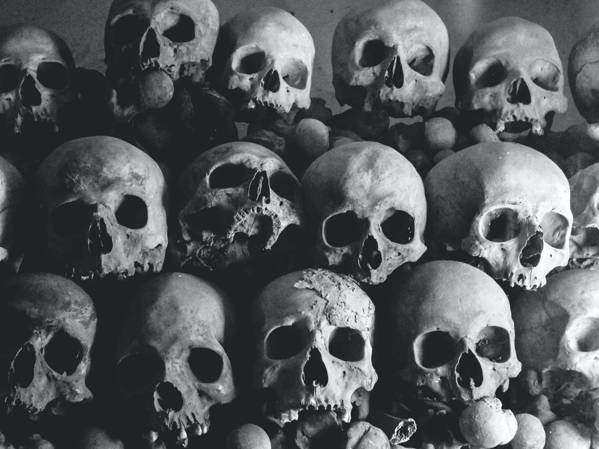 Decenas de cráneos humanos apilados en filas, fotografiados en blanco y negro, evocando un memorial o sitio de masacre.