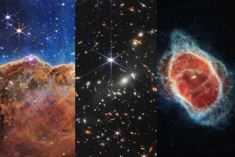 Tríptico de imágenes del telescopio James Webb: nebulosa de Carina, campo profundo con galaxias lejanas y nebulosa del Anillo Sur.