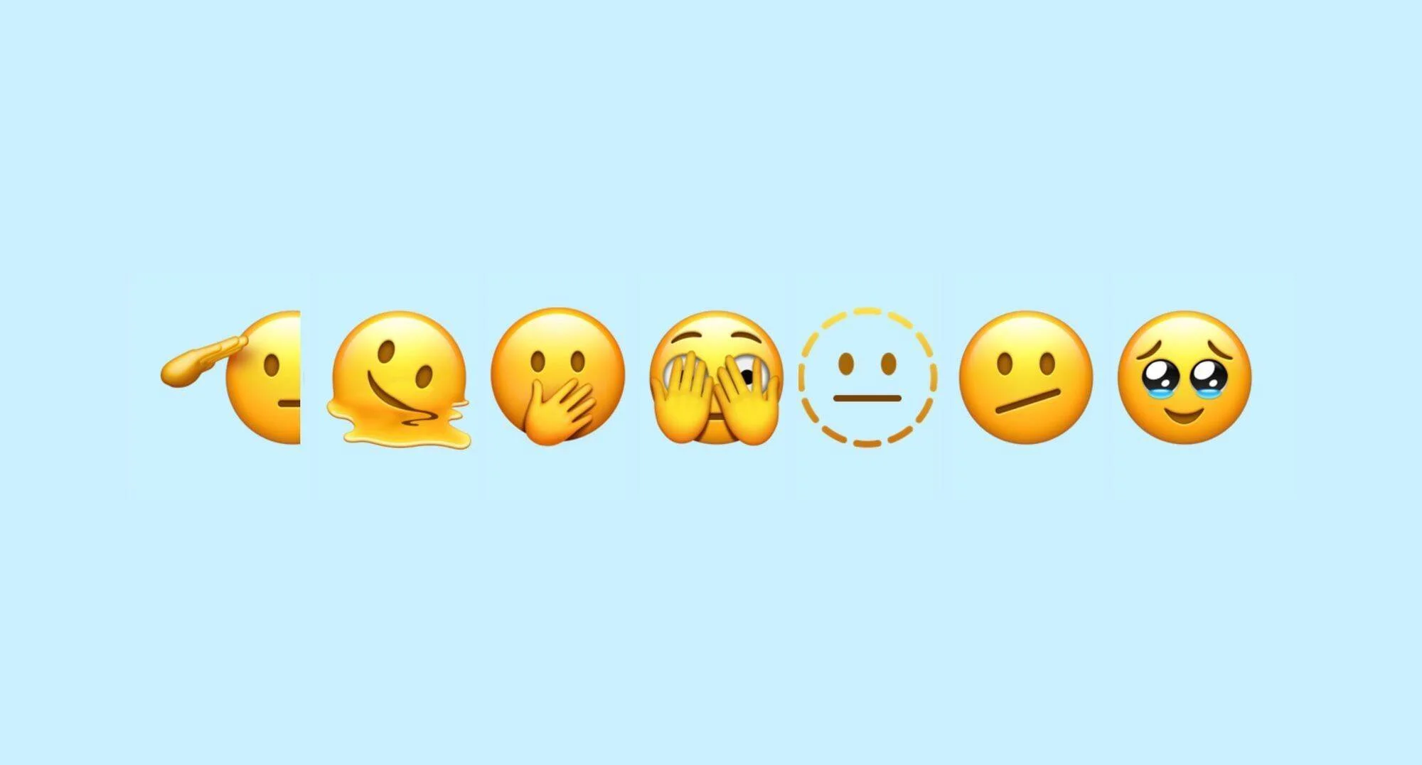 Siete nuevos emojis de caras amarillas que expresan distintas emociones, sobre fondo celeste.