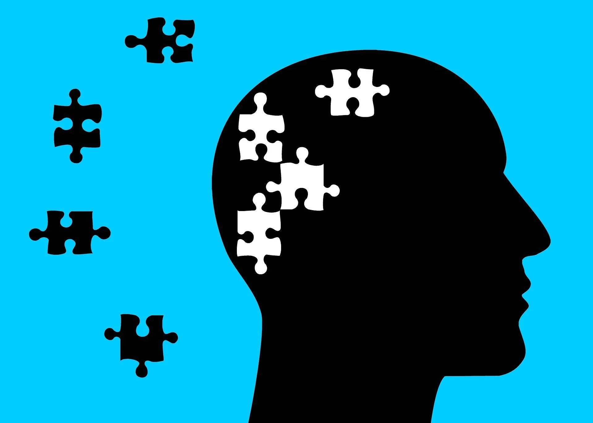 Silueta de una cabeza humana con piezas de rompecabezas dispersas, simbolizando pérdida de memoria o salud mental.