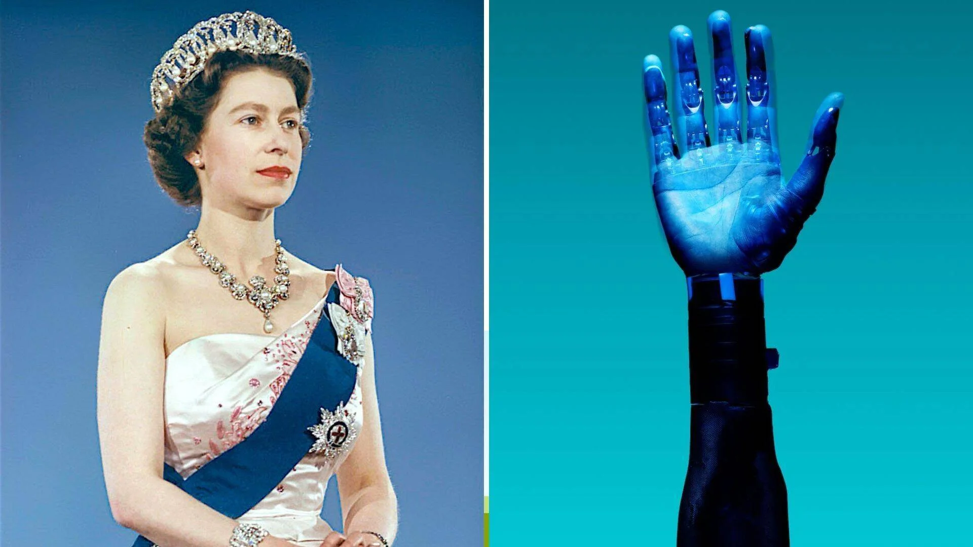 Retrato de una reina con tiara y collar de joyas, junto a una mano biónica robótica de color azul sobre fondo turquesa.