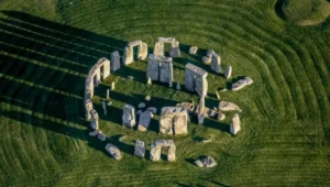 Vista aérea de Stonehenge mostrando el círculo de megalitos prehistóricos sobre una llanura verde con largas sombras al atardecer.