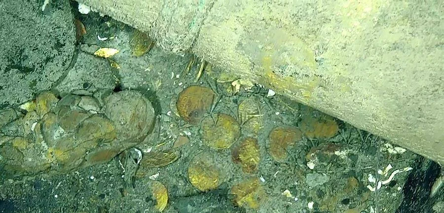 Monedas de oro dispersas sobre el sedimento del fondo marino, junto a restos de un naufragio.