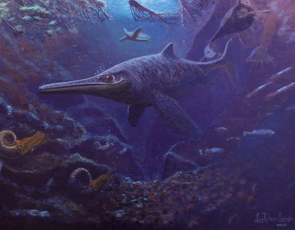 Recreación artística de un ictiosaurio nadando en un mar prehistórico junto a amonites, peces y reptiles voladores.