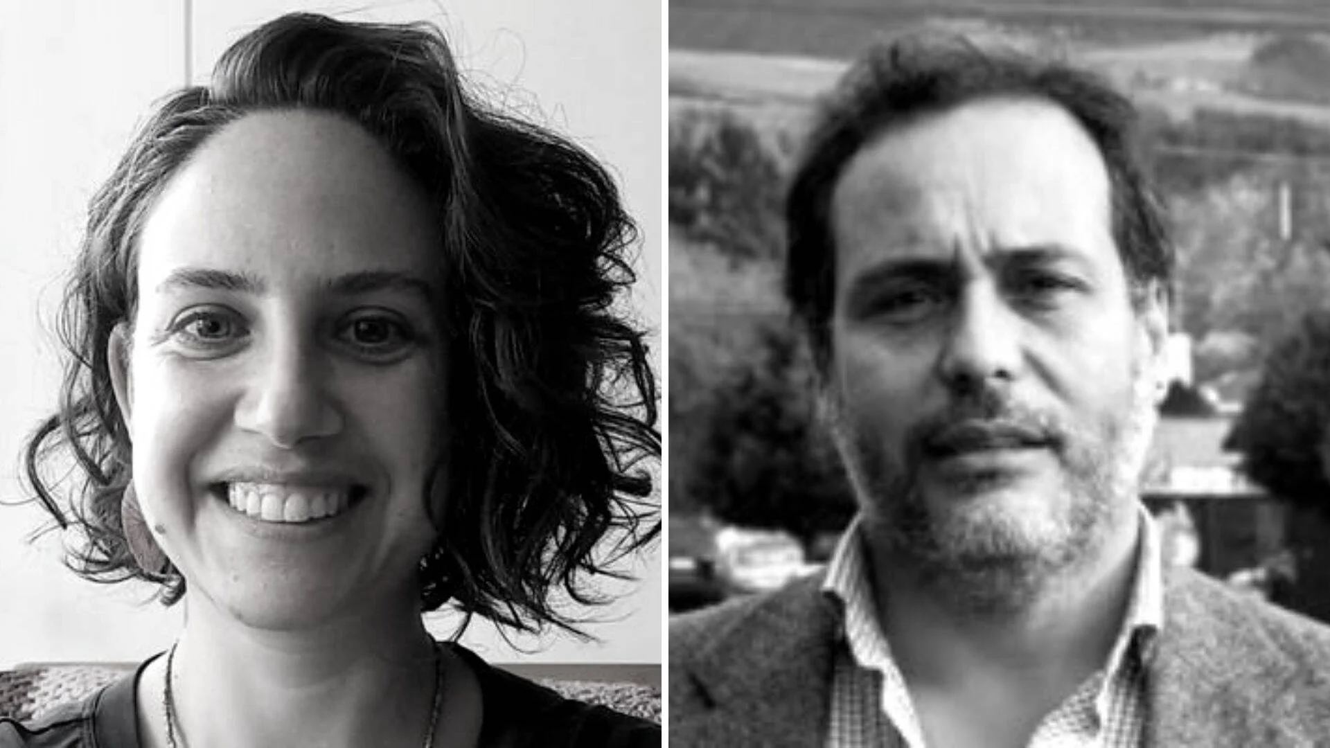 Retratos en blanco y negro de una mujer joven sonriente y un hombre de mediana edad con barba.