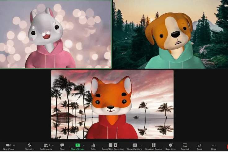 Pantalla de videollamada con tres participantes representados por avatares animados de conejo, perro y zorro con fondos virtuales.