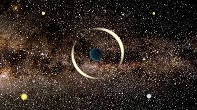 Ilustración de un planeta libre con anillo brillante flotando en el espacio frente a la Vía Láctea.