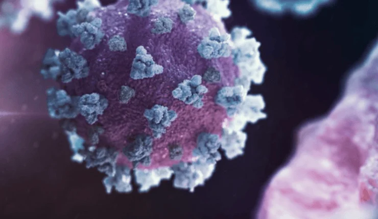 Representación tridimensional de un coronavirus con proteínas spike azules sobre su superficie esférica rosada.