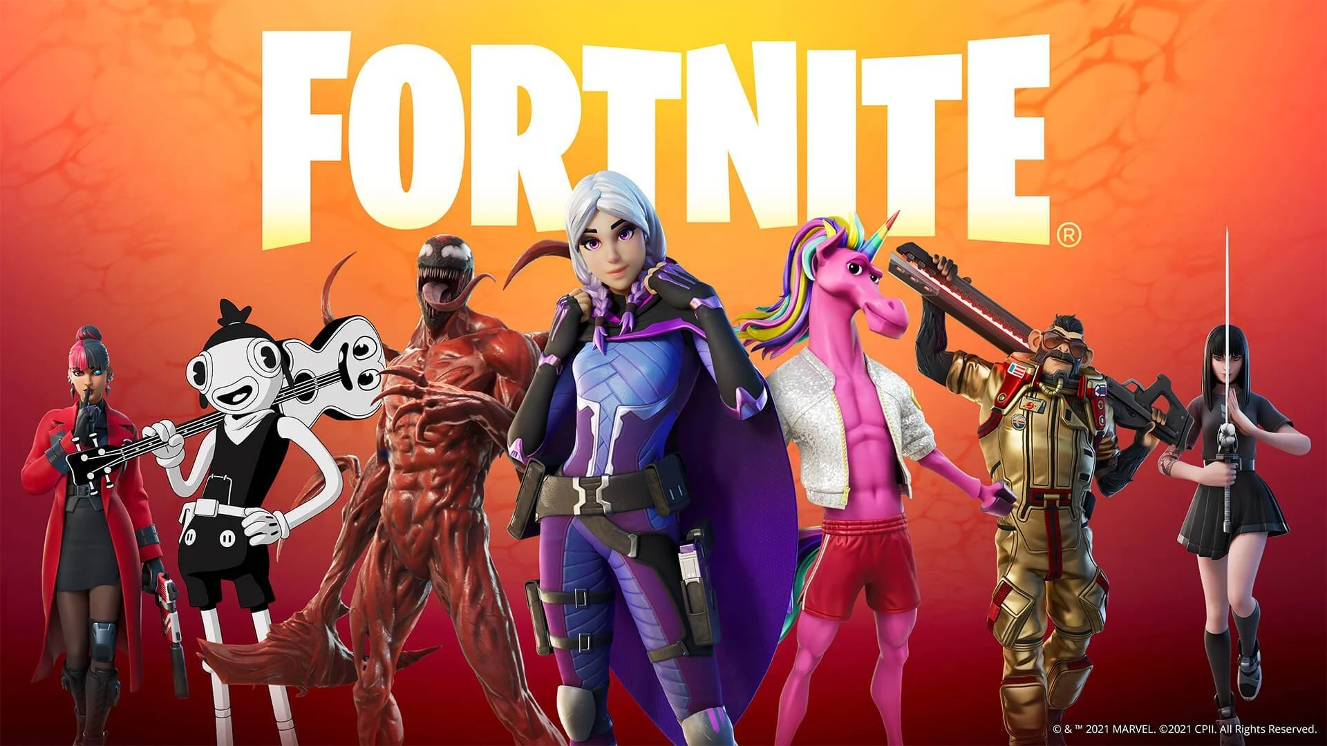 Imagen promocional de Fortnite con varios skins de personajes, incluyendo Carnage, un unicornio rosa y otros, sobre fondo naranja.