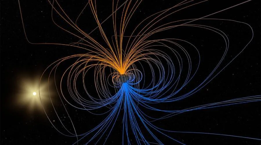Simulación artística del campo magnético de un planeta con líneas naranjas y azules, junto a una estrella brillante en el espacio.