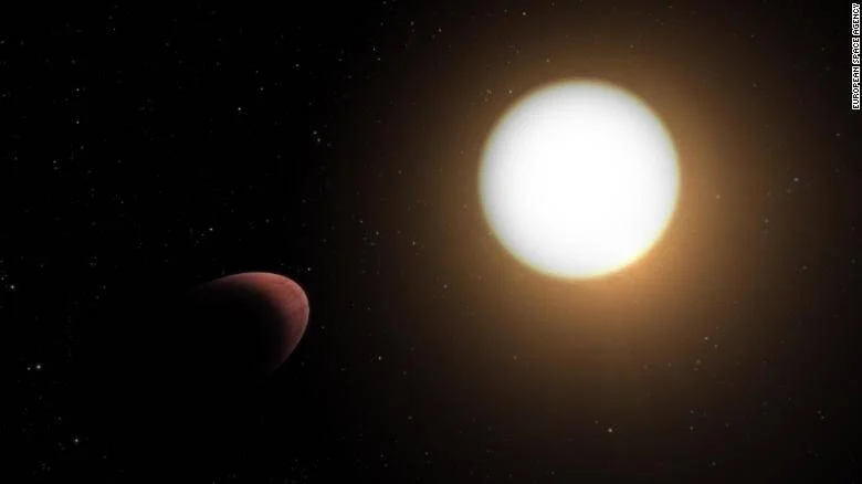 Ilustración artística de un exoplaneta rojizo orbitando cerca de una estrella luminosa en el espacio.