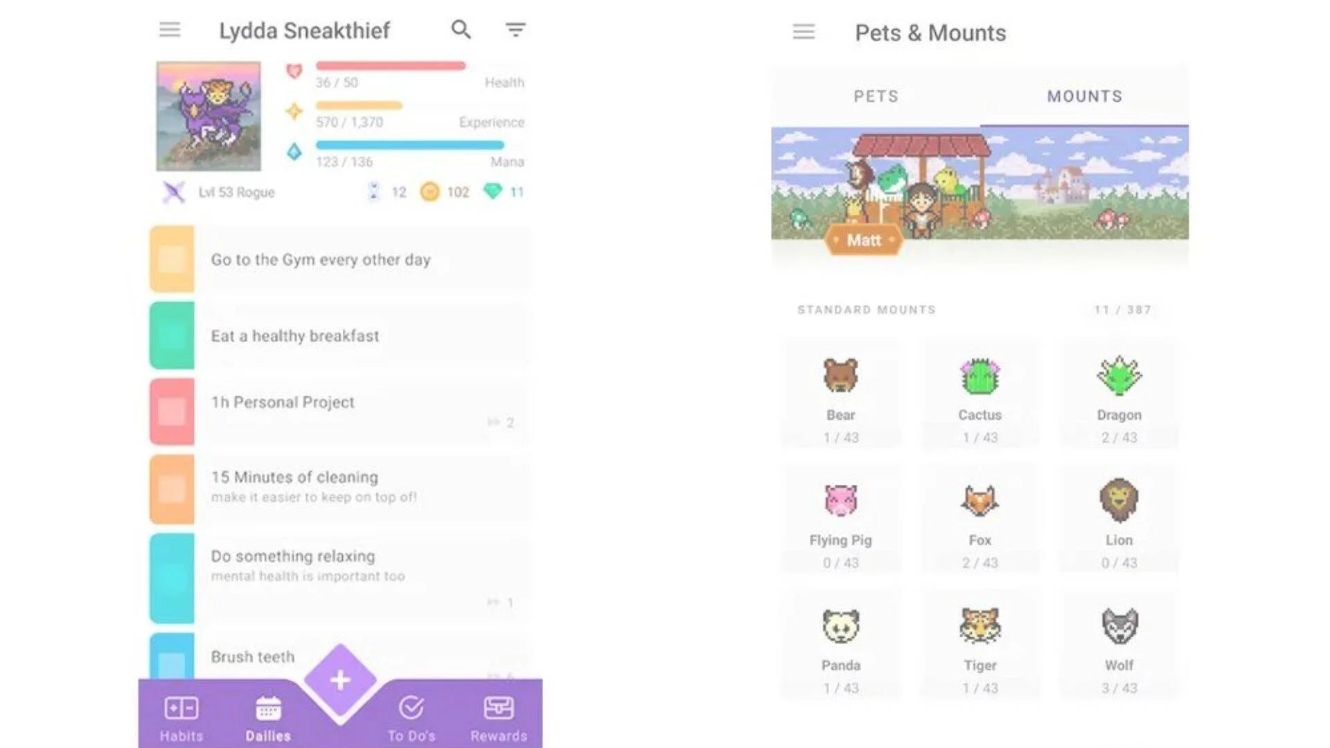 Capturas de pantalla de Habitica mostrando el perfil de un personaje con hábitos diarios y la sección de mascotas y monturas del juego.