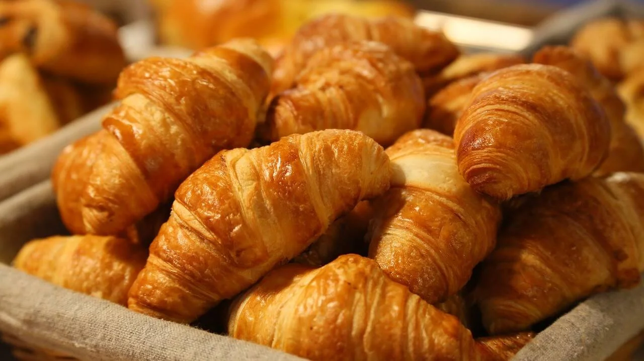 Canasta con varios croissants dorados y hojaldrados apilados, listos para servir.