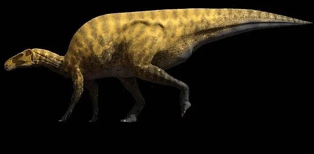 Ilustración de un dinosaurio de gran tamaño con piel amarilla moteada, cuello largo y cola extensa, sobre fondo negro.