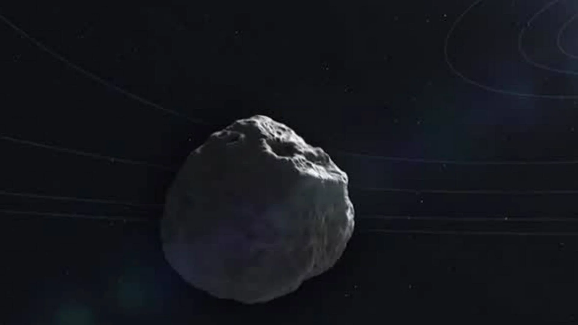 Representación artística de un asteroide de superficie irregular flotando en el espacio oscuro con trayectorias orbitales de fondo.