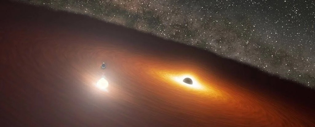 Representación artística de dos agujeros negros supermasivos orbitándose mutuamente rodeados de un disco de acreción anaranjado y un fondo estrellado.