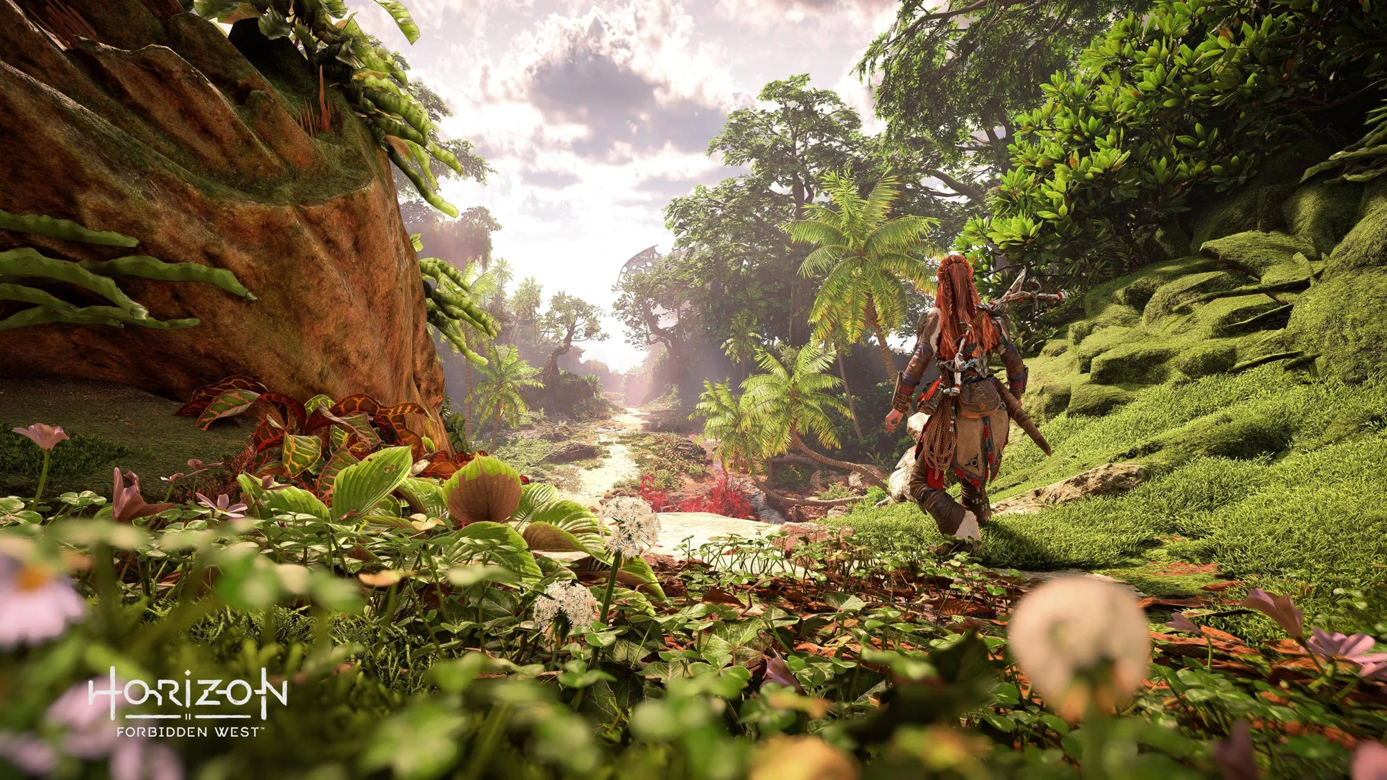 La protagonista de Horizon Forbidden West camina por un valle tropical lleno de vegetación y flores en un entorno de gran detalle gráfico.