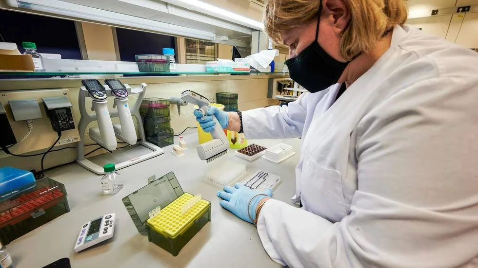 Investigadora con bata blanca, mascarilla y guantes manipula muestras con una pipeta multicanal en un laboratorio equipado.