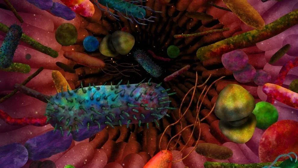 Representación artística del microbioma humano con bacterias y microorganismos de colores en el interior del intestino.