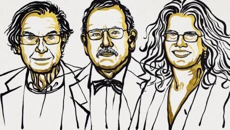 Ilustración estilo línea de dos hombres y una mujer, posiblemente galardonados con el Premio Nobel.