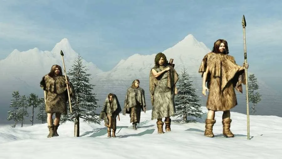 Ilustración de un grupo familiar de humanos prehistóricos vestidos con pieles, portando lanzas, caminando sobre nieve frente a montañas nevadas.