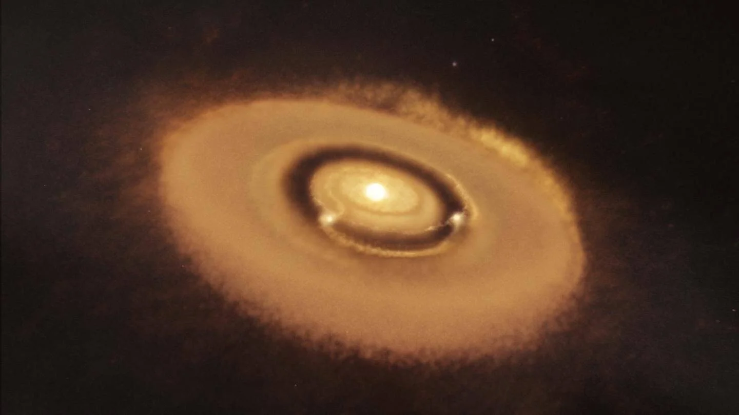 Ilustración artística de un disco protoplanetario de polvo y gas con anillos concéntricos rodeando una estrella joven brillante.