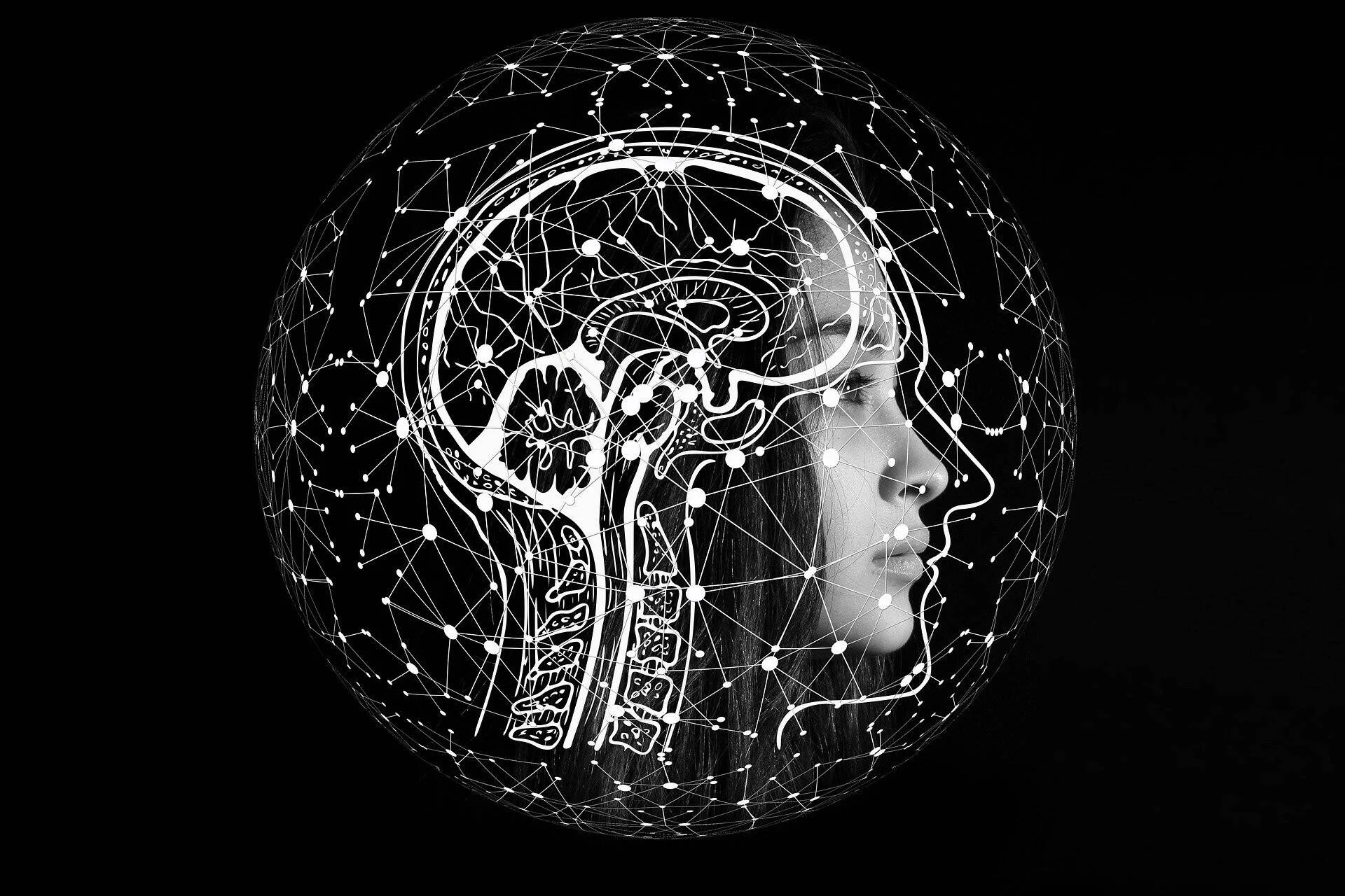 Composición digital en blanco y negro de un perfil femenino superpuesto con un diagrama anatómico del cerebro rodeado de una red de nodos interconectados.