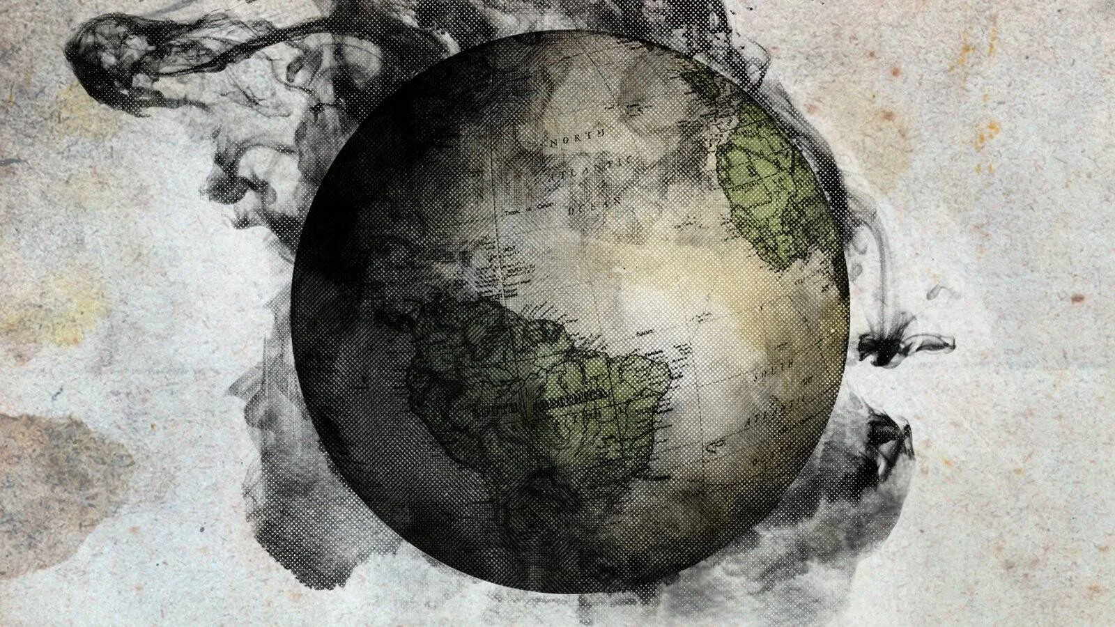 Ilustración de un globo terráqueo de estilo antiguo con el Atlántico Norte visible, rodeado de humo negro sobre fondo envejecido.