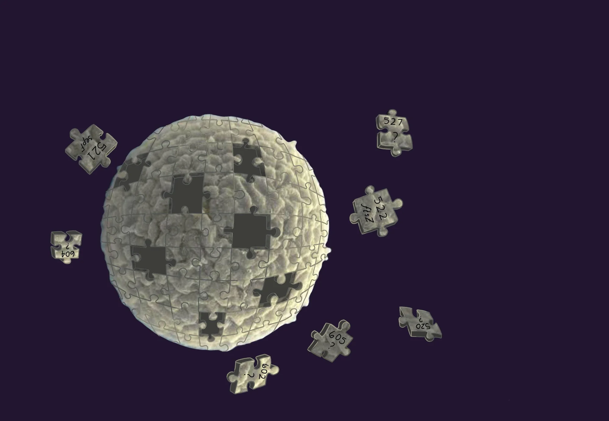 Ilustración de la Luna representada como un rompecabezas esférico con piezas numeradas flotando alrededor, simbolizando datos o conocimientos faltantes.