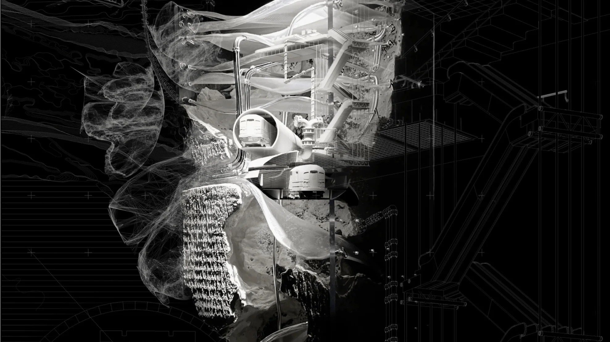Composición digital en blanco y negro que fusiona elementos arquitectónicos futuristas, estructuras de alambre y formas orgánicas abstractas sobre fondo negro.